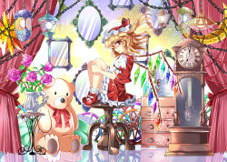 Rule 34 | 1girl, blonde hair, chain, clock, curtains, dress, e.o., flandre scarlet, flower, hat, hat ribbon, lantern, hugging own legs, looking at viewer, mirror, mob cap, pink rose, puffy short sleeves, puffy sleeves, red dress, red eyes, red footwear, reflective floor, ribbon, rose, shaded face, shoes, short sleeves, sitting, sitting on object, solo, stuffed animal, stuffed toy, table, teddy bear, touhou, vase, wings
