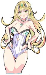Rule 34 | 1girl, angry, bare shoulders, blonde hair, blush, breasts, cleavage, enpe, female focus, gem, highres, jewelry, large breasts, long hair, looking at viewer, matching hair/eyes, mythra (radiant beach) (xenoblade), mythra (xenoblade), nintendo, one-piece swimsuit, open mouth, shiny skin, simple background, solo, strapless, strapless one-piece swimsuit, swimsuit, thighs, tsundere, very long hair, white background, xenoblade chronicles (series), xenoblade chronicles 2, yellow eyes