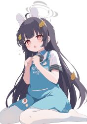 Rule 34 | 1girl, @ @, absurdres, angel&#039;s 24 uniform (blue archive), animal ears, apron, black bow, black bowtie, black hair, blue apron, blue archive, blush, bow, bowtie, collared shirt, fake animal ears, grey halo, halo, highres, leaf, leaf on head, long hair, looking at viewer, miyu (blue archive), official alternate costume, open mouth, polo shirt, rabbit ears, red eyes, shirt, short sleeves, simple background, solo, white background, white shirt, yukisiannn