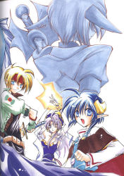 Rule 34 | 1boy, 3girls, animal ears, armpits, arms up, azuma mayumi, blonde hair, blue eyes, blue hair, breasts, cape, celine jules, character request, claude kenni, cleavage, crescent, crescent hair ornament, fighting stance, gloves, hair ornament, hairpin, hat, headband, long hair, magic, multiple girls, purple hair, purple skirt, ready to draw, rena lanford, scan, short hair, skirt, smile, star ocean, star ocean the second story