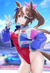 Rule 34 | 1girl, absurdres, alternate costume, animal ears, blue eyes, blue jacket, blue sky, blurry, blurry background, bow, breasts, brown hair, car, character name, cleavage, cloud, cloudy sky, commentary request, confetti, ear ornament, english text, gloves, grin, hair between eyes, hair ornament, hand on own hip, highleg, highleg leotard, highres, horse ears, horse girl, horse tail, jacket, leotard, long hair, long sleeves, looking at viewer, motor vehicle, multicolored hair, outdoors, pink bow, ponytail, race vehicle, racecar, racetrack, red leotard, sky, small breasts, smile, solo, spoiler (automobile), strapless, strapless leotard, streaked hair, tail, tokai teio (umamusume), ugohato, umamusume, very long hair, w, white gloves, white hair, white jacket