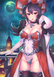 Rule 34 | 1girl, arm up, armpits, bad id, bad pixiv id, belt, black hair, black thighhighs, blush, breasts, building, chain, cleavage, commentary request, cowboy shot, elbow gloves, fang, full moon, fur-trimmed gloves, fur trim, gloves, groin, hair between eyes, half-closed eyes, highleg, highleg leotard, highres, illya (princess connect!), large breasts, leotard, long hair, momoto0193, moon, night, night sky, open mouth, outdoors, princess connect!, railing, red eyes, red headwear, red leotard, short hair, sky, smile, solo, star (sky), starry sky, strapless, strapless leotard, thigh gap, thighhighs, town, very long hair, waist cape, white gloves