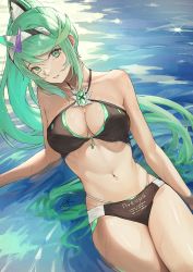 Rule 34 | 1girl, bikini, black bikini, breasts, chest jewel, cleavage, clothes writing, elbow rest, fadingz, female focus, green eyes, green hair, highres, large breasts, leaning back, light smile, long hair, looking at viewer, matching hair/eyes, midriff, multi-strapped bikini, navel, parted lips, partially submerged, pixiv id, pneuma (xenoblade), ponytail, signature, sitting, solo, stomach, swept bangs, swimsuit, tiara, wet, xenoblade chronicles (series), xenoblade chronicles 2