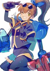 Rule 34 | 1girl, :d, brown hair, eyewear on head, full body, gloves, green eyes, highres, long hair, looking at viewer, mechanical arms, miyama (lacrima01), one eye closed, open mouth, pantyhose, ponytail, precis neumann, simple background, single mechanical arm, skirt, smile, solo, star ocean, star ocean the second story, v, white background
