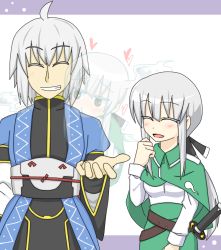 Rule 34 | 1boy, 1girl, ^^^, adapted costume, ahoge, alternate hair length, alternate hairstyle, belt, blush, capelet, dual persona, closed eyes, father and daughter, ghost, glasses, heart, if they mated, konpaku youmu, konpaku youmu (ghost), long hair, long sleeves, morichika rinnosuke, open hand, open mouth, ponytail, sag (karehabase), short hair, skirt, smile, sword, touhou, weapon, white hair, yellow eyes