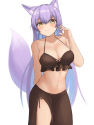 Rule 34 | 1girl, animal ears, blue hair, blush, breasts, cleavage, colored inner hair, fox ears, fox girl, fox tail, hair between eyes, highres, light blue hair, light purple hair, long hair, looking at viewer, medium breasts, multicolored hair, narodenden, original, simple background, smile, solo, swimsuit, tail, white background, yellow eyes