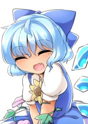 Rule 34 | 1girl, :d, ^ ^, blue hair, blush, bow, cirno, closed eyes, facing viewer, fang, flower, fun bo, hair bow, hidden star in four seasons, highres, ice, ice wings, open mouth, short hair, smile, solo, sunflower, tan, tanned cirno, touhou, wings