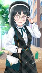 Rule 34 | 1girl, a pure and lovely moment (love live!), ad (diaja1414), adjusting eyewear, adjusting glasses, alternate hairstyle, artist name, artist request, bag, belt, beret, black hair, black hat, black skirt, blue hair, blue sky, bow, bowtie, braid, breasts, building, buttons, checkered clothes, checkered skirt, close-up, cloud, dark blue hair, dark green hair, day, dress, glasses, green belt, green bow, hair between eyes, hair ornament, hairclip, handbag, hat, highres, holding, long sleeves, looking at viewer, love live!, love live! nijigasaki high school idol club, love live! school idol festival, love live! school idol festival all stars, mifune shioriko, miniskirt, nail, nail polish, orange eyes, outdoors, parted lips, pink nails, plaid, plaid skirt, pleated, pleated skirt, puffy long sleeves, puffy sleeves, red eyes, sharp teeth, short hair, shoulder bag, single braid, skirt, sky, small breasts, smile, solo, sparkle, teeth, tree, white bow, white dress