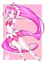 Rule 34 | 1girl, absurdly long hair, absurdres, blush, boots, bow, brooch, choker, commentary request, cure blossom, dress, floating hair, full body, hair bow, hair ornament, hair ribbon, hanasaki tsubomi, heart, heart brooch, heartcatch precure!, high ponytail, highres, jewelry, knee boots, layered dress, long hair, looking at viewer, magical girl, matatabi (karukan222), parted bangs, pink bow, pink choker, pink dress, pink eyes, pink hair, pink theme, precure, ribbon, short dress, short sleeves, signature, solo, very long hair, white footwear, wrist cuffs