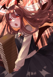 Rule 34 | 1girl, :o, absurdres, blush, book, book stack, bookshelf, brooch, brown hair, commentary request, cowboy shot, eyebrows hidden by hair, eyes visible through hair, floating hair, hair between eyes, head wings, highres, izumi no yasushi aya, jewelry, koakuma, library, light rays, long hair, long sleeves, looking at viewer, open mouth, red eyes, shirt, skirt, solo, touhou, very long hair, white shirt, wings