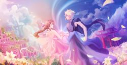 Rule 34 | 1boy, 1girl, absurdres, aerith gainsborough, alternate costume, architecture, armor, backless dress, backless outfit, bare arms, blonde hair, bracelet, braid, brown hair, cape, cloud, cloud strife, cloudy sky, couple, dress, fairy wings, falling petals, field, final fantasy, final fantasy vii, final fantasy vii remake, flower, flower field, hair ribbon, highres, holding crystal, holding hands, jewelry, lily (flower), parted bangs, petals, pink dress, pink ribbon, ribbon, short dress, shoulder armor, sidelocks, sky, sleeveless, sleeveless turtleneck, spiked hair, square enix, strapless, strapless dress, suspenders, tienwashere, torii, turtleneck, waist cape, wings, yellow flower