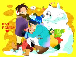 Rule 34 | 4boys, 5boys, batman (series), beanie, black hair, blue eyes, blue jacket, boots, brothers, bruce wayne, damian wayne, dc comics, dick grayson, earflap hat, earmuffs, family, father and son, green pants, hat, hat pompom, hiding, highres, hug, jacket, jason todd, male focus, multiple boys, oceanies1994, outdoors, pants, red jacket, red scarf, scarf, siblings, snow, snowman, tim drake, winter clothes, yellow jacket