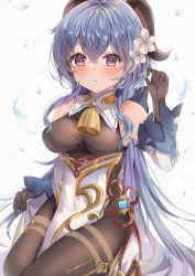 Rule 34 | 1girl, bare shoulders, bell, black gloves, blue hair, blush, bodysuit, breasts, chinese clothes, covered navel, crossed bangs, detached sleeves, flower, ganyu (genshin impact), genshin impact, gloves, goat horns, hair flower, hair ornament, highres, horns, kneeling, large breasts, long sleeves, looking at viewer, maruro, parted lips, purple eyes, solo, thighs, white background
