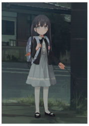 Rule 34 | 1girl, backpack, bag, bag charm, black footwear, black hair, black jacket, blue dress, branch, charm (object), chihuri, collared dress, commentary request, crime prevention buzzer, dress, grey eyes, hair between eyes, highres, holding, holding branch, jacket, long hair, long sleeves, looking at viewer, mary janes, open clothes, open jacket, original, outdoors, pantyhose, randoseru, shindan maker, shoes, solo, standing, twintails, very long hair, white pantyhose, yana (chihuri)