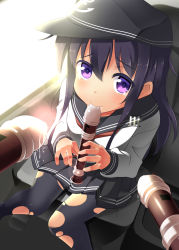 Rule 34 | 10s, 1girl, akatsuki (kancolle), bad id, bad pixiv id, bell (artist), bell (oppore coppore), black hair, black pantyhose, blush, car, car interior, flat cap, flute, from above, hat, highres, instrument, kantai collection, long hair, looking up, motor vehicle, music, pantyhose, personification, playing instrument, purple eyes, recorder, school uniform, serafuku, sexually suggestive, sitting, skirt, smile, solo, sunlight, tears, torn clothes, torn pantyhose, vehicle