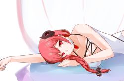 Rule 34 | 1girl, blush, breasts, demon girl, demon horns, horns, io (princess connect!), large breasts, long hair, looking at viewer, princess connect!, red eyes, red hair, ringo no tart, swimsuit