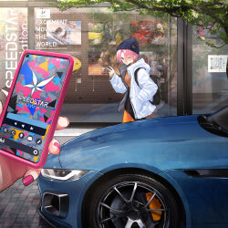 Rule 34 | 2girls, absurdres, ad, artist logo, beanie, black skirt, blue eyes, car, cellphone, commentary request, day, hand up, hat, highres, holding, holding phone, jacket, motor vehicle, multiple girls, nail polish, one eye closed, original, outdoors, phone, pink nails, qr code, skirt, smartphone, solo focus, twitter logo, v, white jacket, you&#039;a