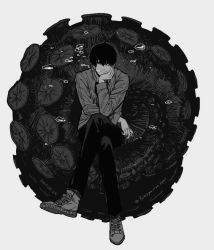 Rule 34 | 1boy, 1other, black hair, bubble, chainsaw man, collared shirt, furoagarinotomo, hair between eyes, hand on own cheek, hand on own face, crossed legs, long sleeves, looking at viewer, mole, mole under mouth, monochrome, octopus, octopus devil, octopus tentacles, pants, shirt, short hair, sitting, sleeves past elbows, smile, tentacles, underwater, watermark, yoshida hirofumi