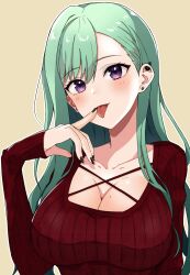 Rule 34 | 1girl, :p, black nails, blush, breasts, cleavage, criss-cross straps, dress, ear piercing, earrings, finger to mouth, green hair, hair behind ear, highres, jewelry, keikesu, large breasts, long hair, long sleeves, looking at viewer, mole, mole on breast, piercing, purple eyes, red dress, ribbed dress, sleeves past wrists, solo, stud earrings, swept bangs, tongue, tongue out, upper body, virtual youtuber, vspo!, yakumo beni, yellow background