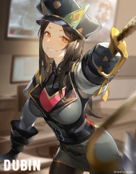 Rule 34 | 1girl, absurdres, arknights, black gloves, black hat, breasts, brown hair, commentary request, dobermann (arknights), dobermann (lieutenant) (arknights), gloves, hat, highres, holding, holding weapon, holding whip, indoors, kuhnowushi, large breasts, long hair, long sleeves, looking at viewer, military, military uniform, official alternate costume, orange eyes, peaked cap, smile, solo, uniform, weapon, whip