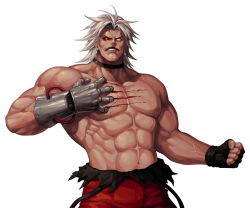 Rule 34 | 1boy, abs, bare pectorals, biceps, black choker, black gloves, bleeding, blood, cable, choker, collarbone, commentary request, cowboy shot, earrings, evilgun, facial hair, fingerless gloves, gloves, glowing, glowing eye, heterochromia, highres, jewelry, large pectorals, looking at viewer, male focus, mechanical arms, muscular, muscular male, mustache, nipples, omega rugal, pants, parted lips, pectorals, red eyes, red pants, rugal bernstein, self-harm, self harm, short hair, simple background, single mechanical arm, solo, standing, stomach, teeth, the king of fighters, the king of fighters &#039;95, topless male, veins, white background, white eyes, white hair