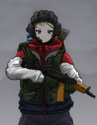 Rule 34 | 1girl, aks-74u, androgynous, assault rifle, black headwear, blonde hair, blue eyes, blue jacket, bottle, broom, closed mouth, commentary, cowboy shot, english commentary, escape from tarkov, eyelashes, flak jacket, folding stock, green jacket, green vest, grey background, grey pants, gun, helmet, highres, holding, holding gun, holding weapon, jacket, kalashnikov rifle, light frown, long sleeves, looking at viewer, microphone, multicolored clothes, multicolored jacket, pants, perioikoi, pocket, pouch, red jacket, rifle, short bangs, simple background, solo, star (symbol), tank helmet, trigger discipline, tsurime, vest, weapon, white jacket, zipper
