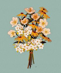 Rule 34 | bouquet, calendula, commentary, english commentary, flower, highres, leaf, libbyframe, no humans, original, plant, signature, simple background, still life, white flower, yellow flower