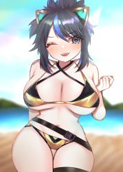 Rule 34 | 1girl, absurdres, animal ears, belt, bikini, black belt, black thighhighs, blue eyes, blue hair, breasts, cat ears, cleavage, commentary, english commentary, fake animal ears, halterneck, highres, kson, large breasts, long hair, looking at viewer, miclipse1, mole, mole under eye, multicolored hair, navel, open mouth, ponytail, purple hair, single thighhigh, solo, souchou, streaked hair, swimsuit, thighhighs, two-tone bikini, virtual youtuber, vshojo