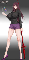 Rule 34 | 1girl, absurdres, black shirt, breasts, cigarette, covered erect nipples, dress shirt, fate (series), gae bolg (fate), high heels, highres, large breasts, laserflip, legs, long hair, looking at viewer, nail polish, pink nails, purple footwear, purple hair, purple shorts, red eyes, scathach (fate), shirt, shoes, short shorts, shorts, smile, solo, standing, taut clothes, taut shirt, tiny head, very long hair