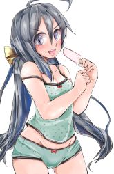 Rule 34 | 10s, 1girl, :d, ahoge, bare shoulders, blue hair, blush, camisole, dripping, eyebrows, food, grey eyes, grey hair, groin, hair between eyes, hair bun, hair ribbon, highres, holding, kantai collection, kinou no shika, kiyoshimo (kancolle), lips, long hair, looking at viewer, low twintails, multicolored hair, open mouth, panties, polka dot, popsicle, ribbon, simple background, single hair bun, smile, solo, strap slip, twintails, underwear, underwear only, very long hair, white background