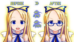 Rule 34 | 1girl, angel wings, bare shoulders, before and after, bespectacled, blonde hair, blue eyes, bow, detached sleeves, disgaea, flonne, gameplay mechanics, glasses, hair bow, kurabayashi aya, sparkle, wings
