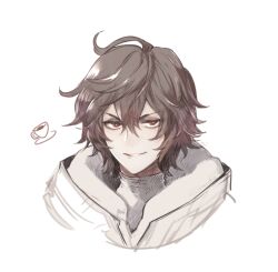 Rule 34 | 1boy, ahoge, bishounen, brown hair, coffee cup, commentary, commentary request, cup, disposable cup, doodle inset, evil smile, furrowed brow, granblue fantasy, gucha (netsu), hair between eyes, hood, male focus, messy hair, parted lips, portrait, red eyes, sandalphon (granblue fantasy), short hair, smile, solo focus, sweater, turtleneck, white background, white sweater
