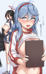 Rule 34 | 2girls, absurdres, ako (blue archive), black hair, black wings, blue archive, blue background, blue eyes, blue hair, blush, breasts, breasts out, clipboard, clothes lift, commentary request, covering privates, covering breasts, embarrassed, gradient background, gym uniform, hair between eyes, hairband, halo, hasumi (blue archive), hasumi (track) (blue archive), highres, holding, holding clipboard, jacket, kiritto, large breasts, large wings, long hair, looking at viewer, multiple girls, navel, official alternate costume, open mouth, revision, shirt lift, shoes, sneakers, socks, track jacket, translated, wings