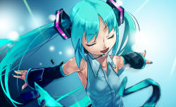 Rule 34 | 1girl, aqua hair, closed eyes, detached sleeves, hatsune miku, headset, long hair, maitake (loose), md5 mismatch, music, necktie, open mouth, outstretched arms, resolution mismatch, singing, solo, source larger, spread arms, twintails, very long hair, vocaloid