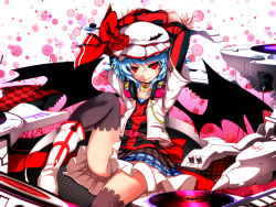Rule 34 | 1girl, alternate costume, arms up, bat wings, black thighhighs, blue hair, boots, chair, cross, female focus, flower, hat, headphones, headphones around neck, jewelry, kazetto, necklace, phonograph, plaid, plaid skirt, red eyes, remilia scarlet, rose, short hair, skirt, slit pupils, smile, solo, thighhighs, touhou, turntable, wings