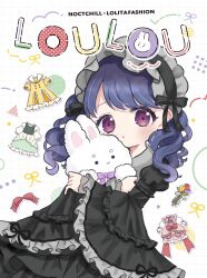 Rule 34 | 1girl, absurdres, black dress, black hair, commentary request, cottonplum, cover, cover page, hugging doll, dress, frilled dress, frills, fukumaru koito, gothic lolita, hairband, highres, idolmaster, idolmaster shiny colors, lolita fashion, lolita hairband, looking at viewer, hugging object, purple eyes, solo, stuffed animal, stuffed rabbit, stuffed toy, swept bangs, twintails, wide sleeves