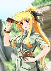 Rule 34 | 00s, 1girl, belt, binoculars, blonde hair, bracelet, breasts, diesel-turbo, fate testarossa, hair ribbon, hand on own hip, jewelry, long hair, looking at viewer, lyrical nanoha, mahou shoujo lyrical nanoha, necklace, open mouth, outdoors, ponytail, red eyes, ribbon, sidelocks, solo, very long hair, whistle