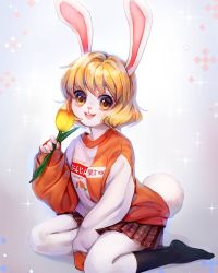 Rule 34 | blonde hair, carrot (one piece), flower, highres, looking at viewer, nonexistentworld, one piece, oversized clothes, oversized shirt, rabbit ears, rabbit girl, rabbit tail, shirt, short hair, skirt, smile, socks, sparkle