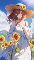 Rule 34 | 1girl, absurdres, alternate costume, blue eyes, blue sky, blurry, blurry background, closed mouth, cloud, commentary request, day, dress, flower, flower field, go-toubun no hanayome, hair between eyes, hand on own chest, hand up, hat, hat flower, highres, long bangs, long hair, looking at viewer, nakano miku, off-shoulder dress, off shoulder, outdoors, outstretched hand, raikun raikun, sky, smile, solo, strap, straw hat, sundress, sunflower, sunflower field, sunlight, white dress