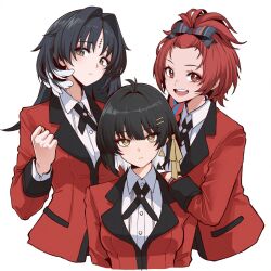 3girls =_hair_ornament alternate_costume black_hair blush breasts chixia_(wuthering_waves) closed_mouth collar colored_inner_hair earrings female_rover_(wuthering_waves) hair_ornament hair_ribbon hand_up hands_on_another&#039;s_shoulders highres hyakkaou_academy_school_uniform jacket jewelry kakegurui long_hair long_sleeves looking_at_viewer multicolored_hair multiple_girls open_mouth red_eyes red_hair red_jacket ribbon rover_(wuthering_waves) school_uniform short_hair single_earring smile tacet_mark_(wuthering_waves) two-tone_hair white_background wuthering_waves yangyang_(wuthering_waves) yellow_eyes zaviiertm