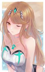 Rule 34 | 1girl, bare shoulders, blush, breasts, brown eyes, brown hair, highres, jewelry, leonmandala, long hair, looking at viewer, medium breasts, mythra (radiant beach) (xenoblade), mythra (xenoblade), nintendo, one-piece swimsuit, one eye closed, simple background, solo, strapless, strapless one-piece swimsuit, swimsuit, tiara, water, wet, xenoblade chronicles (series), xenoblade chronicles 2