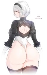 Rule 34 | 2021, ass, backless outfit, black blindfold, black hairband, black thighhighs, blindfold, breasts, gloves, hairband, large breasts, leotard, nier (series), nier:automata, simple background, skindentation, solo, thick thighs, thighhighs, thighs, white background, white leotard, wide hips, xiangzi box, 2b (nier:automata)