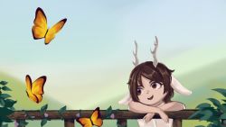 Rule 34 | 1girl, animal ears, blue sky, brown eyes, brown hair, bug, butterfly, fence, highres, horns, insect, jackalope, leaning on object, mirrurin, original, plant, self-upload, simple background, sky, smile, solo, vines, wooden fence
