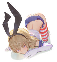 Rule 34 | 1girl, all fours, ass, blue eyes, elbow gloves, full body, gloves, hair between eyes, hair ribbon, hairband, highres, kantai collection, light brown hair, long hair, microskirt, panties, pleated skirt, pout, ribbon, shimakaze (kancolle), simple background, skirt, solo, string panties, striped clothes, striped thighhighs, tears, thighhighs, thong, timbougami, top-down bottom-up, underwear, white background, white gloves