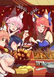 Rule 34 | +++, 4girls, ahoge, animal ear fluff, animal ears, animal hands, apron, bad id, bad pixiv id, bare shoulders, bell, blue kimono, blue ribbon, blush, breasts, cat hair ornament, cat paws, center opening, chaldea uniform, china dress, chinese clothes, chopsticks, cleavage, closed eyes, collar, collarbone, detached sleeves, dress, fangs, fate/grand order, fate (series), food, food stand, fox ears, fox girl, fox tail, fujimaru ritsuka (female), glasses, gloves, grey-framed eyewear, grill, hair ornament, hair ribbon, hair scrunchie, highres, japanese clothes, jingle bell, kimono, knife, koyanskaya (chinese lostbelt outfit) (fate), koyanskaya (fate), lantern, large breasts, laughing, maid headdress, multiple girls, naked apron, neck bell, noodles, noren, nose blush, oden, okamisty, one side up, open mouth, orange eyes, orange hair, paper lantern, paw gloves, pink hair, ramen, red ribbon, ribbon, scrunchie, side ponytail, sideboob, tail, tamamo (fate), tamamo cat (fate), tamamo cat (third ascension) (fate), tamamo no mae (fate/extra), tasuki, underboob, white apron, yatai, yellow eyes, yellow scrunchie, yuruto