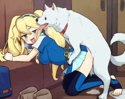 Rule 34 | 1girl, 1other, arm rest, belt, bestiality, blonde hair, blue dress, blue hairband, blush, breath, chiwino, clarissa arwin, collar, commission, cum, cum pool, cumdrip, dog, doggystyle, dress, green eyes, hair tie, hairband, long hair, looking back, open mouth, pleated skirt, sex, sex from behind, short sleeves, skeb commission, skirt, smile, stirrup legwear, tiptoes, toeless legwear, toes, tongue, tongue out, tony (wild arms), tony (wild arms xf), twintails, wild arms, wild arms xf