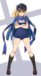 Rule 34 | 1girl, ahoge, artoria pendragon (fate), baseball cap, blonde hair, blue jacket, blue one-piece swimsuit, blue scarf, boots, commentary request, cross-laced footwear, crossed arms, fate (series), full body, gluteal fold, green eyes, haga yui, hair between eyes, hair through headwear, hat, highres, jacket, jacket on shoulders, knee boots, legs apart, long hair, looking at viewer, mysterious heroine x (fate), name tag, one-piece swimsuit, rojiura satsuki: chapter heroine sanctuary, scarf, school swimsuit, simple background, smile, solo, standing, swimsuit, track jacket, v-shaped eyebrows