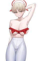 Rule 34 | 1girl, acaa, arm behind head, armpits, blonde hair, blue archive, bra, breasts, cowboy shot, crotch seam, frilled bra, frills, halo, highres, large breasts, light smile, looking at viewer, marina (blue archive), panties, red bra, revealing clothes, short hair, simple background, skindentation, solo, strapless, strapless bra, thigh gap, underwear, white background, white panties, yellow eyes
