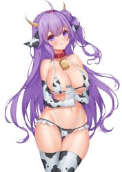 Rule 34 | 1girl, absurdres, ahoge, alternate breast size, animal ears, animal print, azur lane, bell, bikini, blush, bottle, breasts, closed mouth, collar, cow ears, cow horns, cow print, cowbell, elbow gloves, gloves, hair bun, highres, holding, holding bottle, horns, large breasts, long hair, milk bottle, neck bell, one side up, pinkcap, purple eyes, purple hair, red collar, simple background, smile, solo, swimsuit, thighhighs, unicorn (azur lane), very long hair, white background