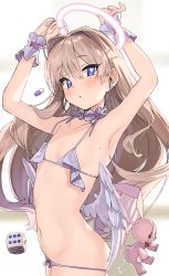 Rule 34 | 1girl, ahoge, angel wings, armpits, bikini, blush, brown hair, copyright request, cuffs, flat chest, hair ornament, hairclip, halo, heart, heart-shaped pupils, highres, kanzarin, long hair, looking at viewer, micro bikini, pill, simple background, solo, swimsuit, symbol-shaped pupils, white bikini, wings